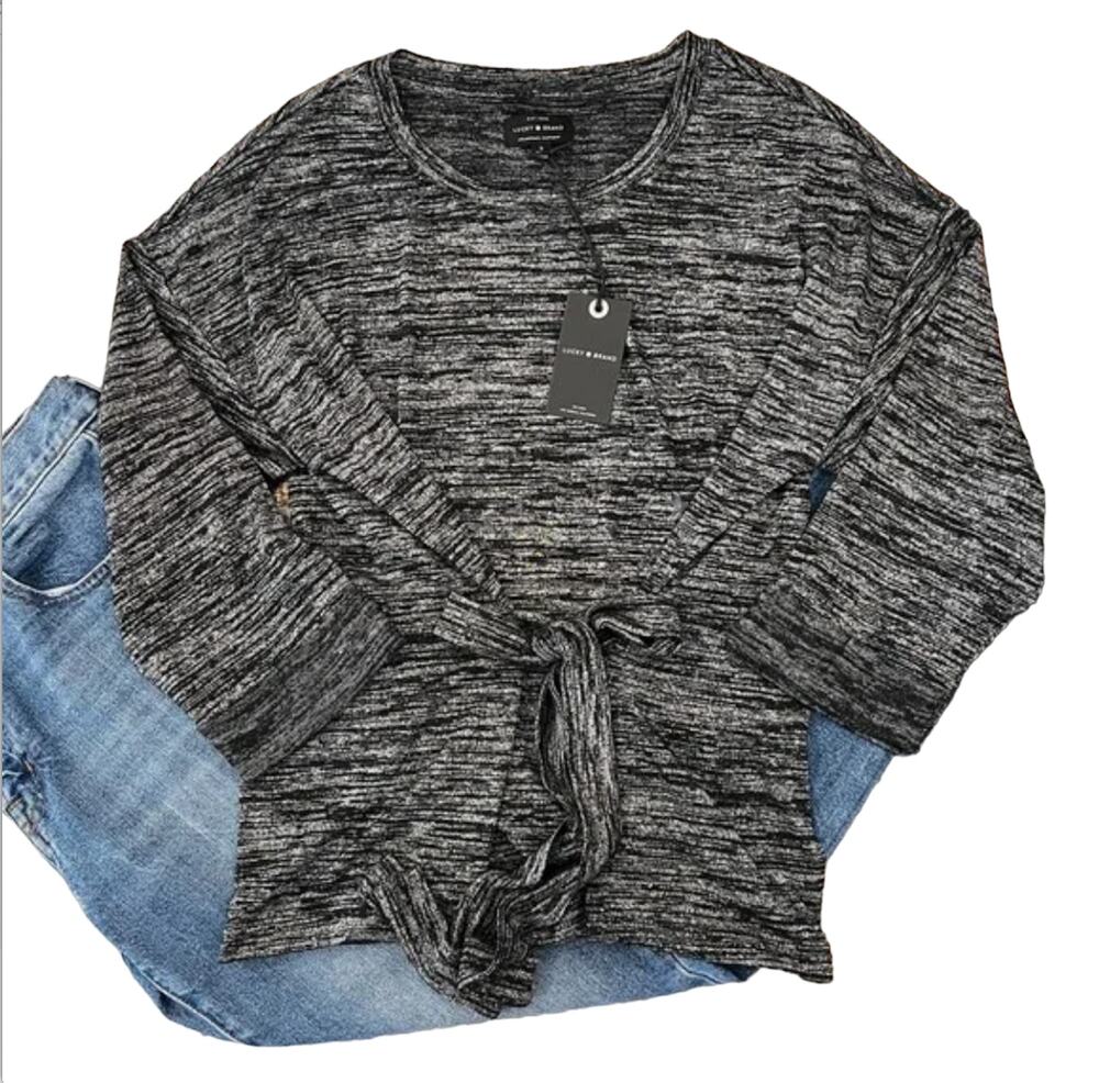 NWT Lucky Brand Black/Grey Spacedye Knit Tie Front Top - SIZE SMALL